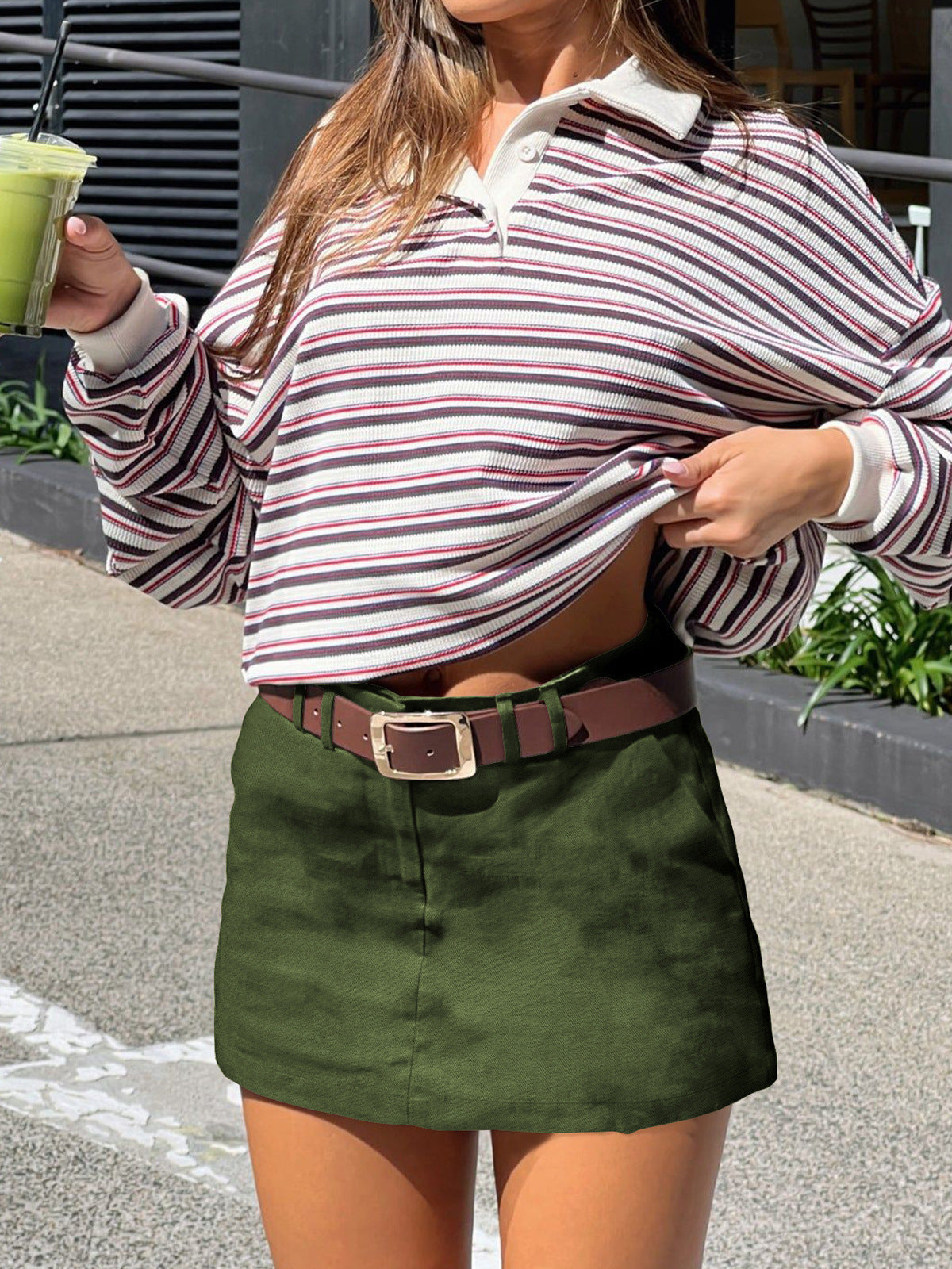 Falda de línea A ajustada con bolsillos y cintura alta de color sólido informal a la moda para mujer