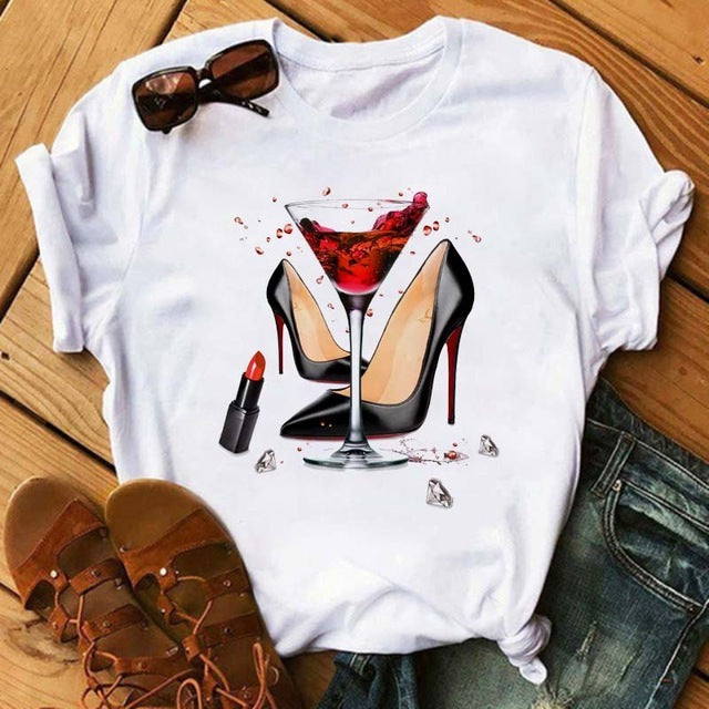 Camiseta holgada informal de manga corta con estampado gráfico de vino para mujer