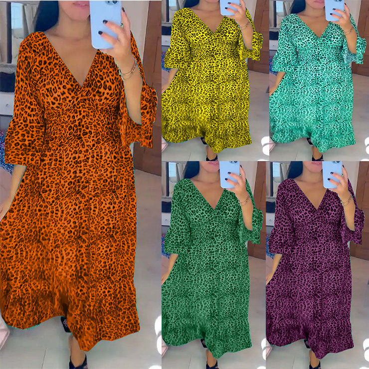 Vestido largo informal holgado estilo bohemio para mujer, elegante, de otoño, con escote en V profundo y estampado de leopardo para vacaciones en la playa