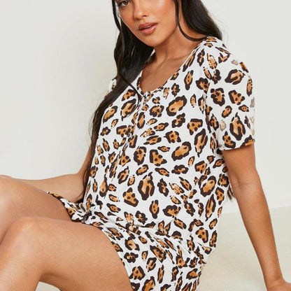 Vestido de dormir premamá informal de manga corta con estampado de leopardo para mujeres embarazadas