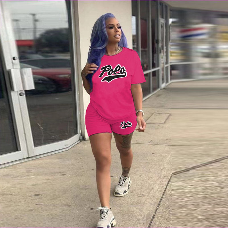 Conjunto de 2 piezas de pantalones cortos ajustados de manga corta con cuello redondo y estampado de letras de color sólido para mujer