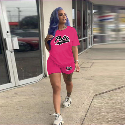 Conjunto de 2 piezas de pantalones cortos ajustados de manga corta con cuello redondo y estampado de letras de color sólido para mujer