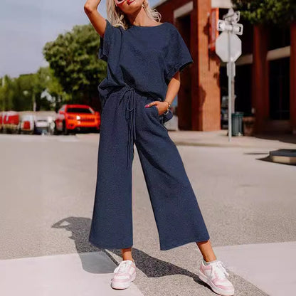 Women Fashion Casual Solid Color Short Sleeve Round-Neck Top Loose Drawstring Pants Two-Piece Set