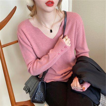 Women Casual Solid Color V-Neck Knitted Long Sleeve Sweater