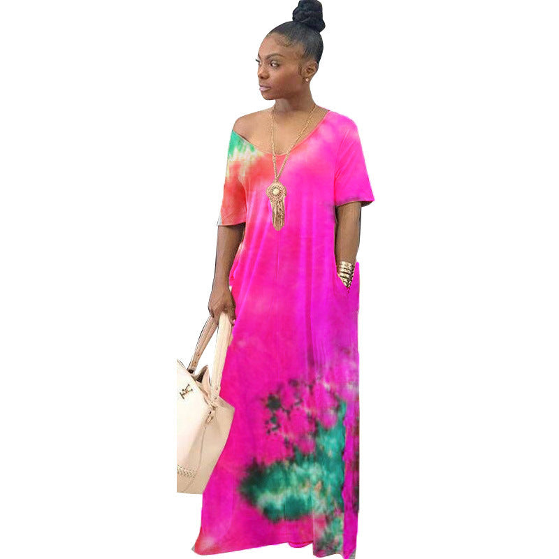 Women Casual Tie Dye Short Sleeves Loose Color Blocking Dress