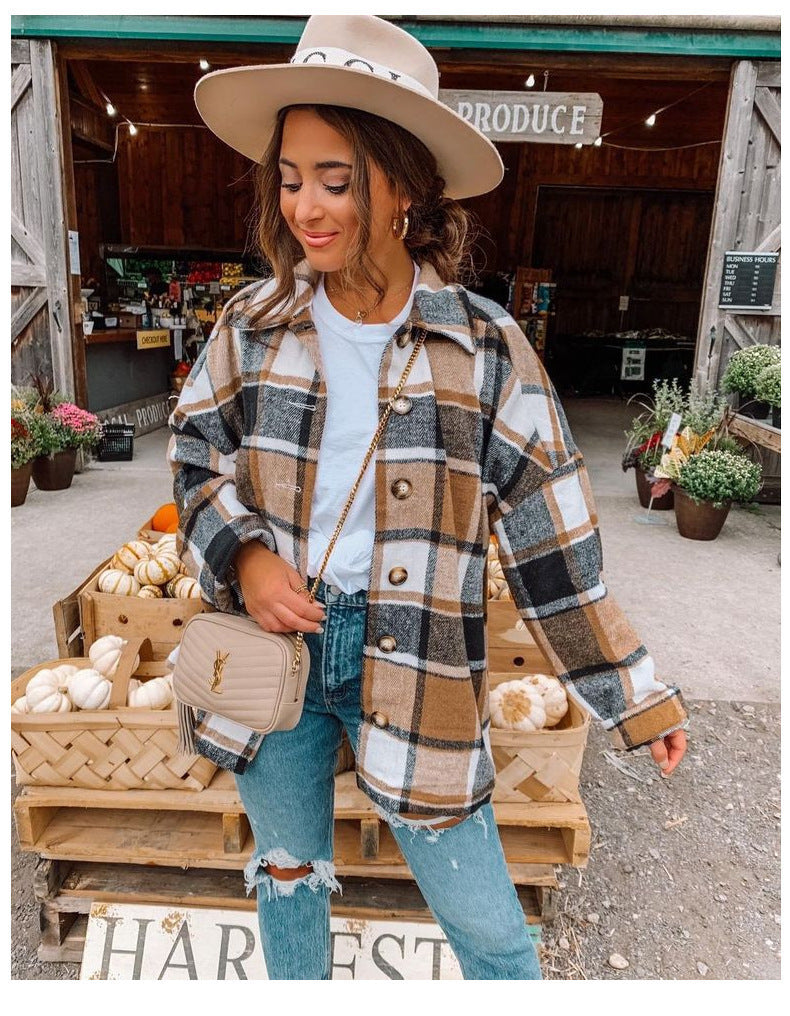 Chaqueta informal de otoño para mujer, con solapa, manga larga y botones, con bloques de color y cuadros