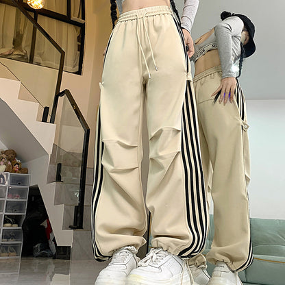 Wide-Leg Overalls Women Loose-Fit Straight Casual Stripe Cargo Pants