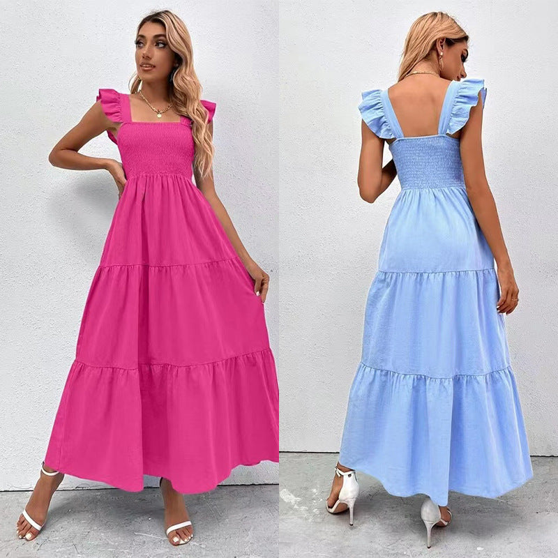 Women Fashion Casual High Waist Backless Sling Cake Maxi Dress