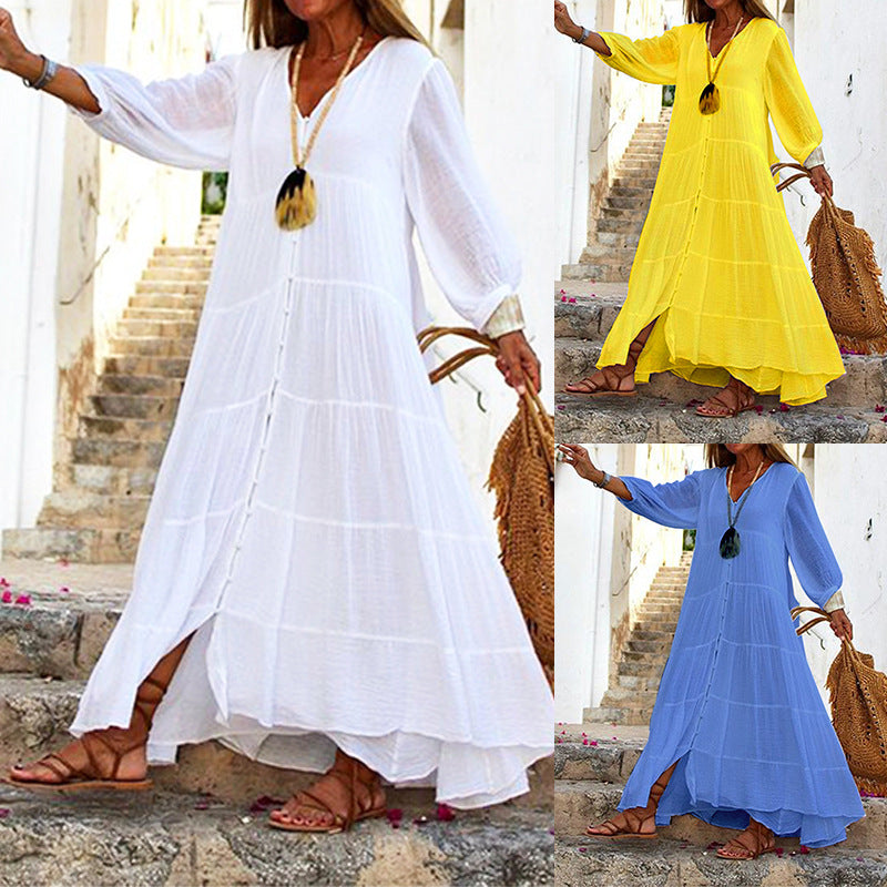 Summer Women Casual Solid Color Bohemian V-Neck Long Sleeve Cotton And Linen Maxi Dress