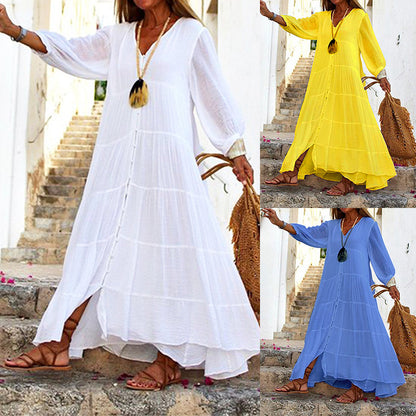 Summer Women Casual Solid Color Bohemian V-Neck Long Sleeve Cotton And Linen Maxi Dress