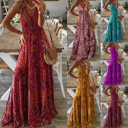 Vestido largo bohemio informal con estampado de flores diminutas y escote en V con tirantes para mujer