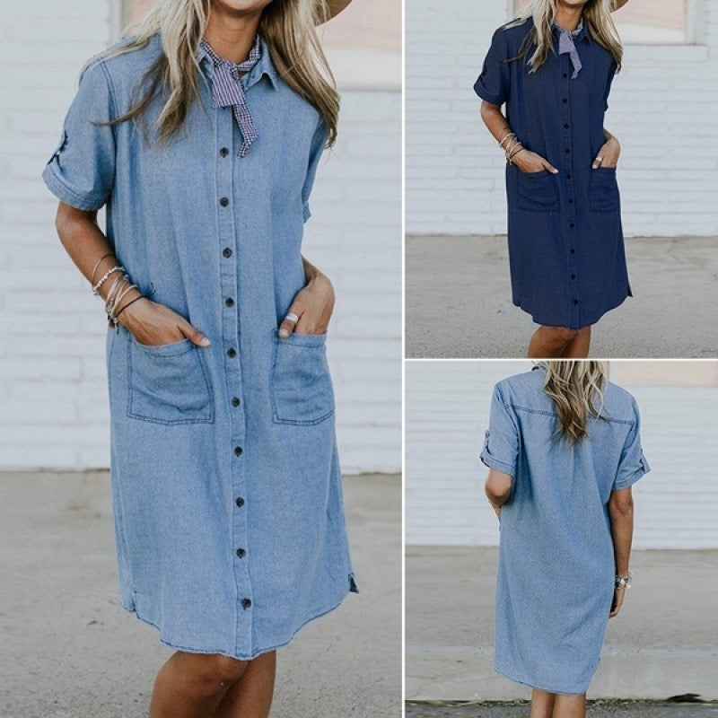 Women Solid Denim Lapel Short Sleeve Button Pocket Loose Casual Dress