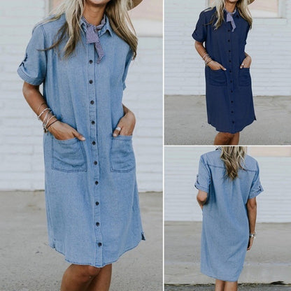 Women Solid Denim Lapel Short Sleeve Button Pocket Loose Casual Dress