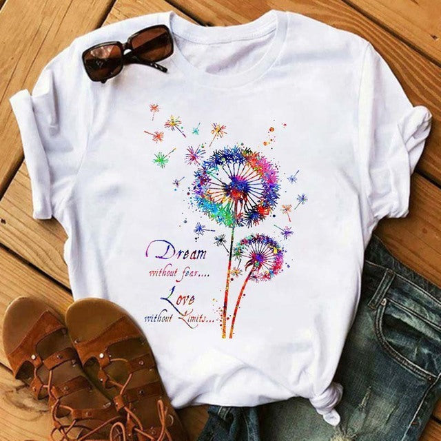 Camiseta informal de manga corta con estampado de diente de león para mujer