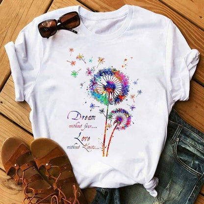 Camiseta informal de manga corta con estampado de diente de león para mujer