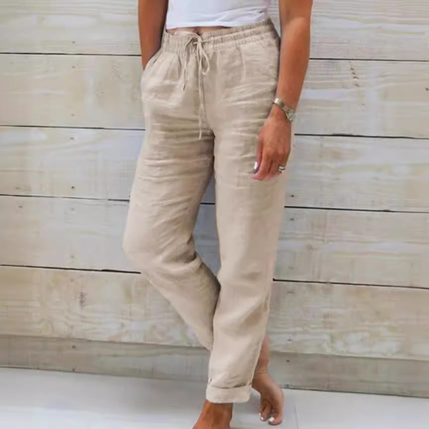 Women Casual Solid Color Cotton And Linen High-Waist Lace-Up Pants