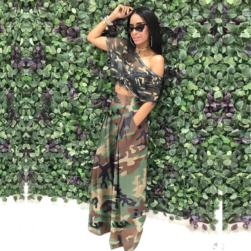 Women Camouflage Print Elastic Waist Wide Leg Pants Casual Pants Trousers