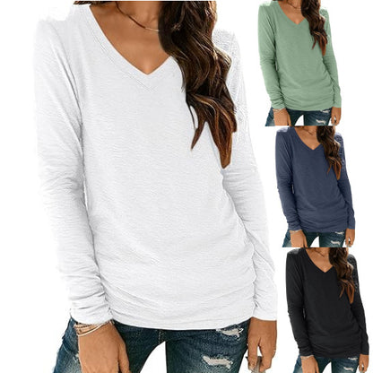 Camiseta informal de manga larga con cuello en V y color liso para mujer
