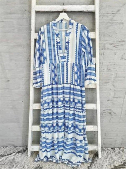 Women Fashion Casual Boho Geometric Print Maxi Dress