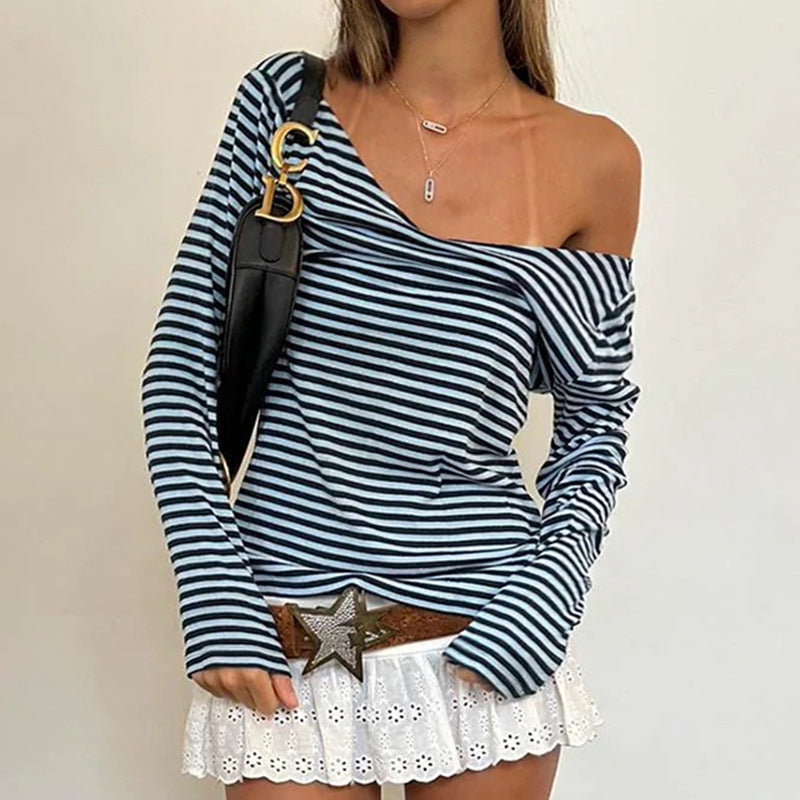 Camiseta informal de verano para mujer con cuello en V y estampado de rayas de manga larga