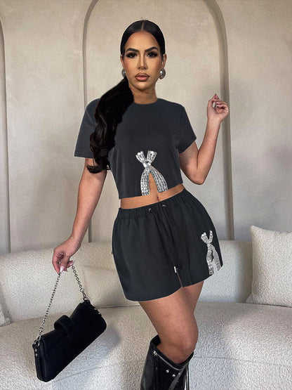 Women Casual Rhinestone Round Neck Short-Sleeve Top Drawstring Lace-Up Shorts Two-Piece Set