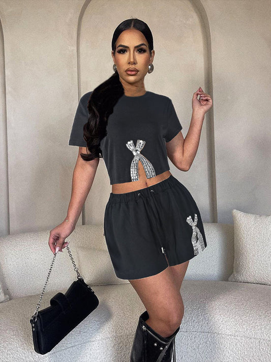 Women Casual Rhinestone Round Neck Short-Sleeve Top Drawstring Lace-Up Shorts Two-Piece Set
