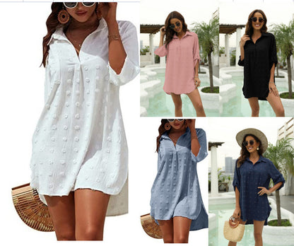 Blusa holgada informal de gasa jacquard con bola de pelo grande para mujer, traje de baño, pareo