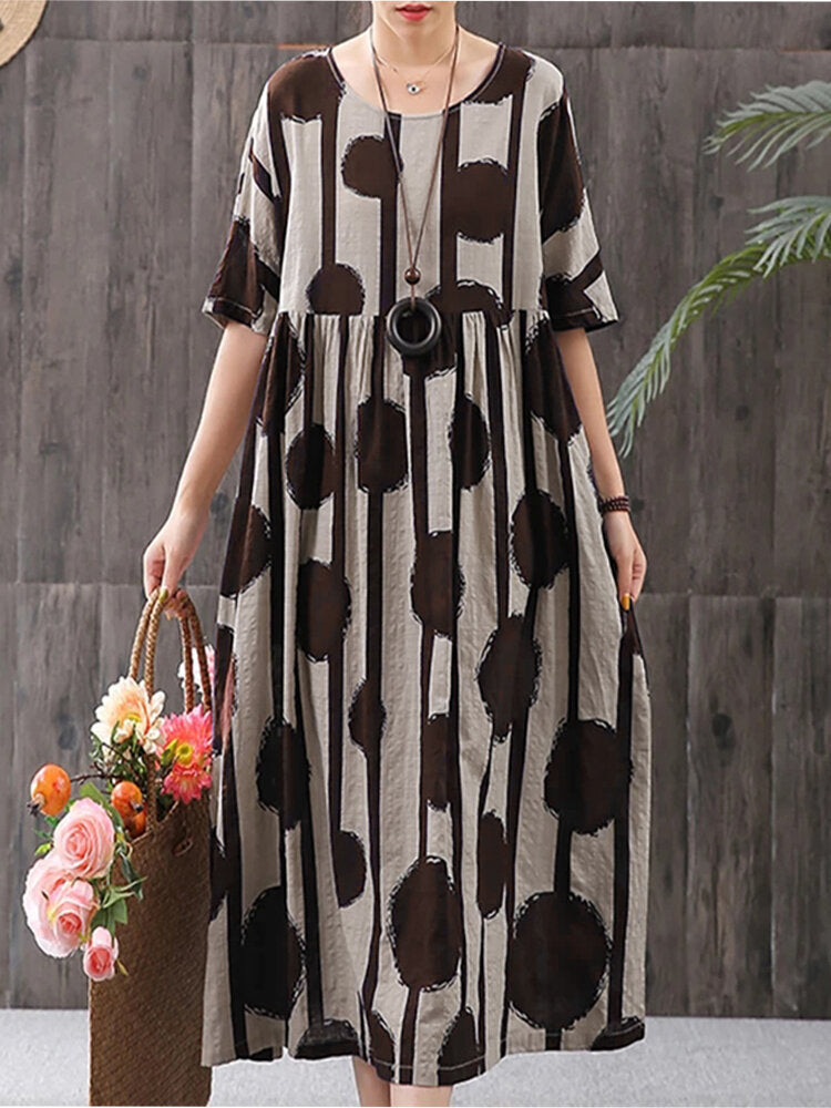 Women Casual Elegant Polka Dot Print Round Neck Short Sleeves Plus Size Loose Dress