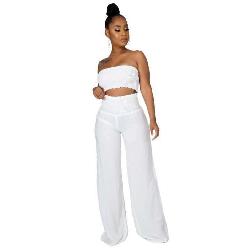 Conjunto de dos piezas para mujer, informal, elegante, de color liso, con top de tubo y pantalones holgados