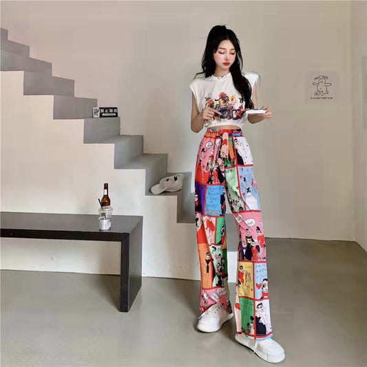 Conjunto de camiseta corta sin mangas con estampado informal para mujer y pantalones anchos