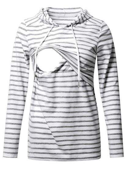 Maternity Casual Stripe Printed Long Sleeve Hooded Breastfeeding Top