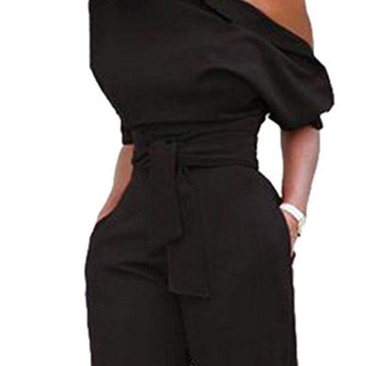 Women Casual Elegant Off-Shoulder Button Down Solid Color Short Sleeve Rompers