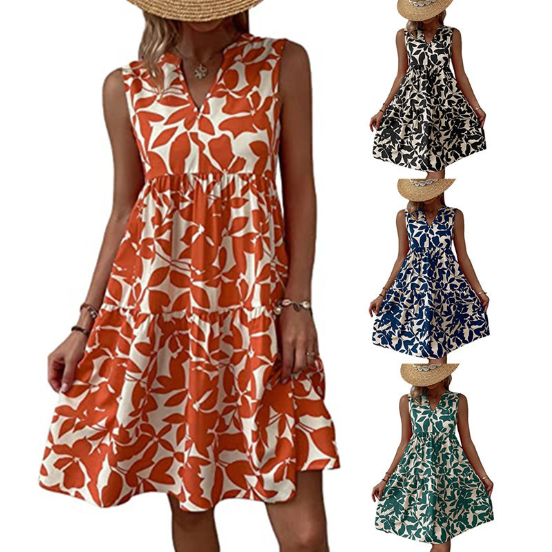 Vestido bohemio informal de vacaciones para mujer, holgado, con escote en V, plisado, estampado floral, sin mangas