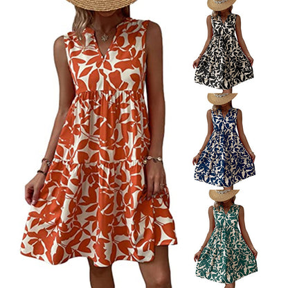 Vestido bohemio informal de vacaciones para mujer, holgado, con escote en V, plisado, estampado floral, sin mangas