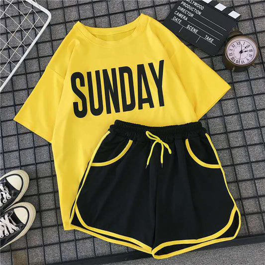 Women Casual Fashion Letter Print Short Sleeves T-shirt And Drawstring Shorts Two Piece Set