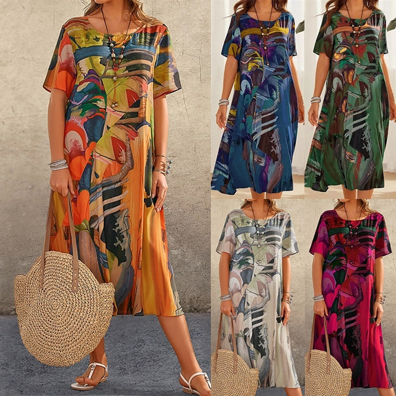 Women Casual Vintage Print Short Sleeve Dress