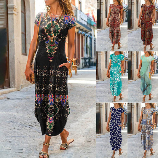Women Fashion Casual Geometric Floral Print Round Neck Short Sleeve Maxi Dress