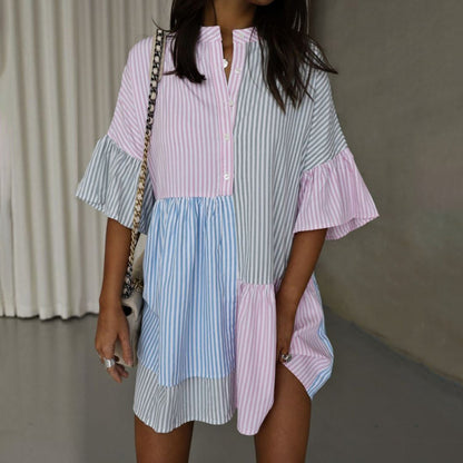 Women Casual Stripe Contrast Print Flare Short Sleeve Casual Dress