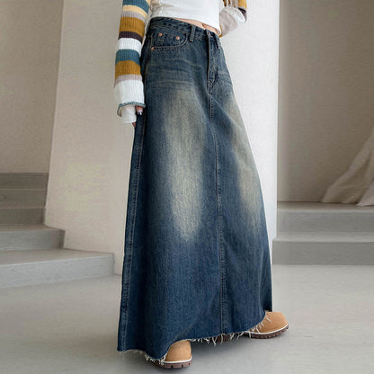Women Denim Low Waist Loose Casual Long Skirt