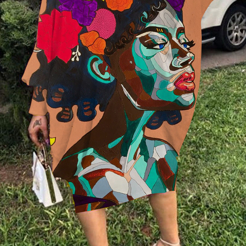 Mid-Length Women Casual Loose Long-Sleeved Graphic Print Dolman Sleeve Dress