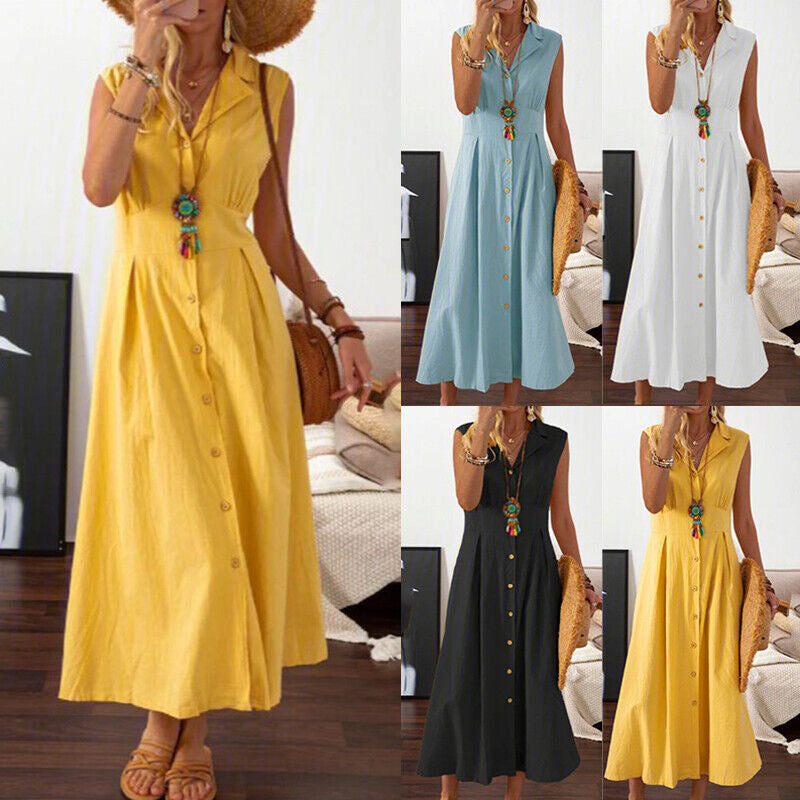 Vestido informal de color liso con solapa y botones para mujer