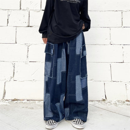 Pantalones cargo vaqueros holgados informales con parches y costuras para mujer, de pierna ancha y múltiples bolsillos