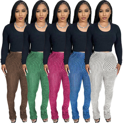 Women Plush Stripe Texture Breathable Large Elastic Fashion Casual Slim-Fit Pants
