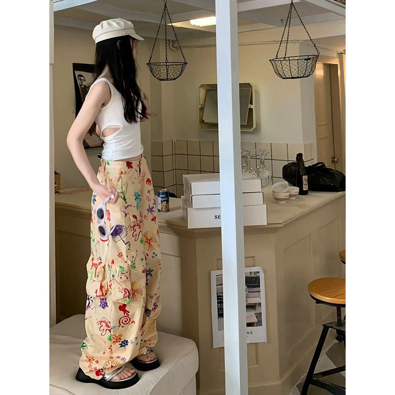 Women Casual Fashion Multicolor Graffiti High Straight Wide-Leg Pants