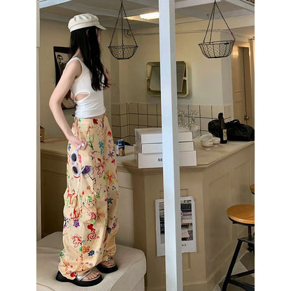 Women Casual Fashion Multicolor Graffiti High Straight Wide-Leg Pants