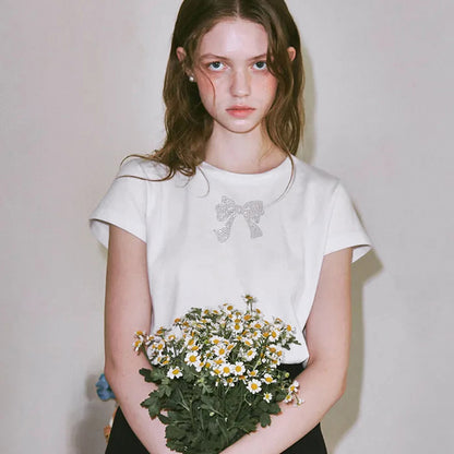 Camiseta informal de manga corta con lazo y diamantes de imitación para mujer