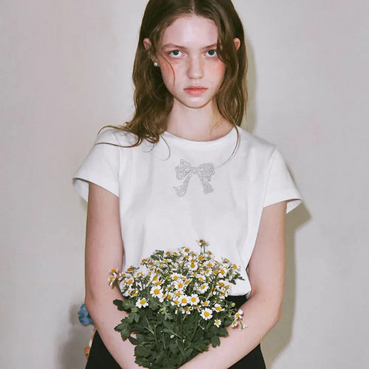 Camiseta informal de manga corta con lazo y diamantes de imitación para mujer