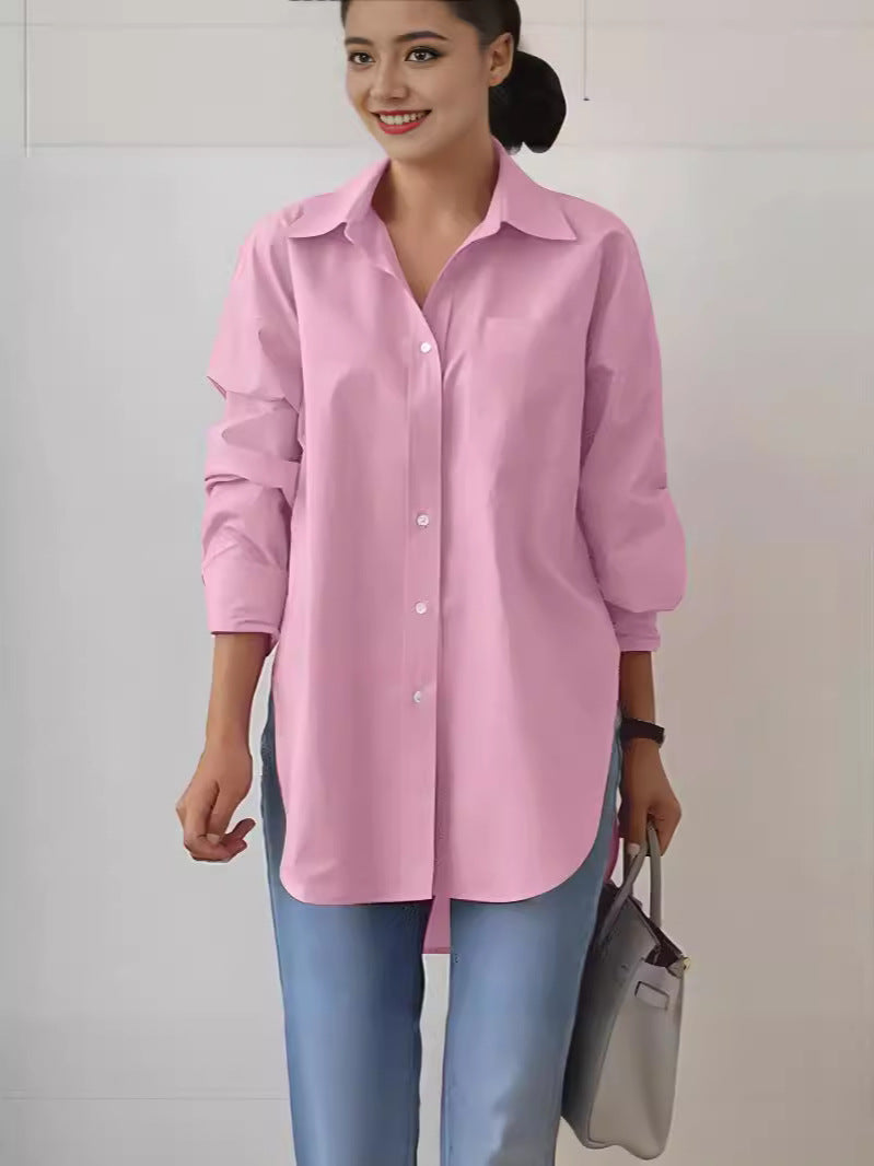Blusa informal sencilla de color liso con solapa y manga larga para mujer, con botonadura sencilla y abertura