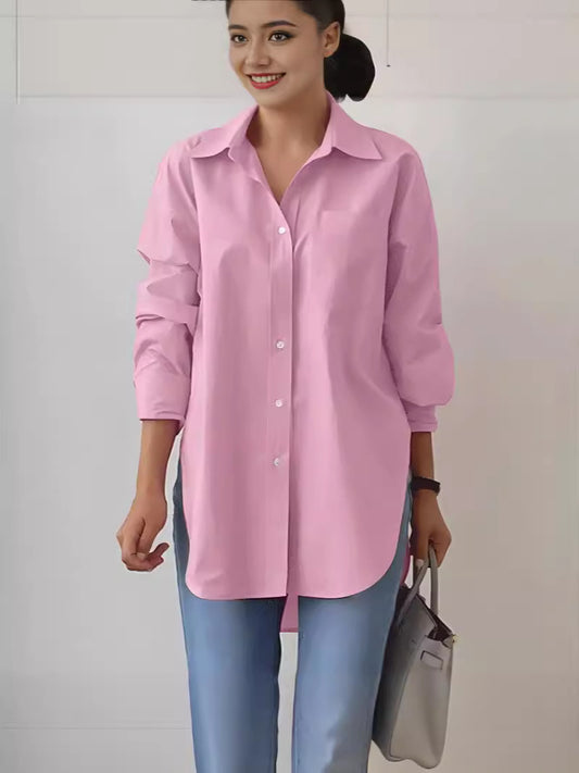 Blusa informal sencilla de color liso con solapa y manga larga para mujer, con botonadura sencilla y abertura