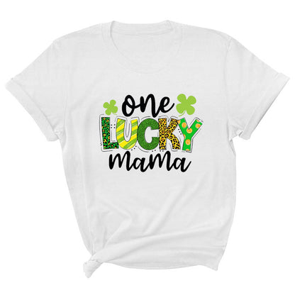 Camiseta informal de manga corta con cuello redondo y estampado de letras "One Lucky Mama" para mujer